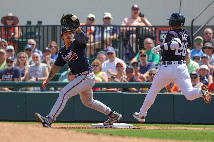 Mar 22, 2023; Lakeland, Florida, USA; Atlanta Braves first baseman Joshua Fuentes (36) catches the ball for an out during the first inning against the Detroit Tigers at Publix Field at Joker Marchant Stadium. Mandatory Credit: Mike Watters-USA TODAY Sports