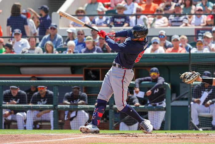 Mar 22, 2023; Lakeland, Florida, USA; Atlanta Braves center fielder Forrest Wall (88) hits a single during the first inning against the Detroit Tigers at Publix Field at Joker Marchant Stadium. Mandatory Credit: Mike Watters-USA TODAY Sports