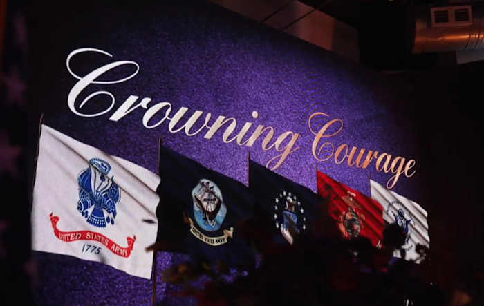 View of military flags at Hawks game.