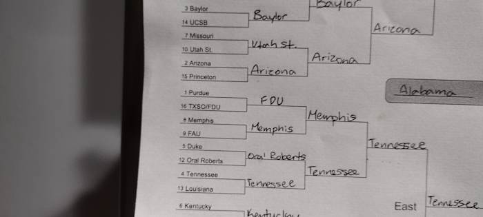 An NCAA bracket showing Fairleigh-Dickinson beating Purdue in the first round.