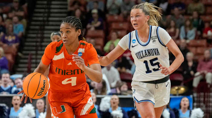 Miami Hurricanes guard Jasmyne Roberts brings back a steal chase by Villanova Wildcats guard Brooke Mullin during the Sweet 16 of the NCAA women’s tournament.