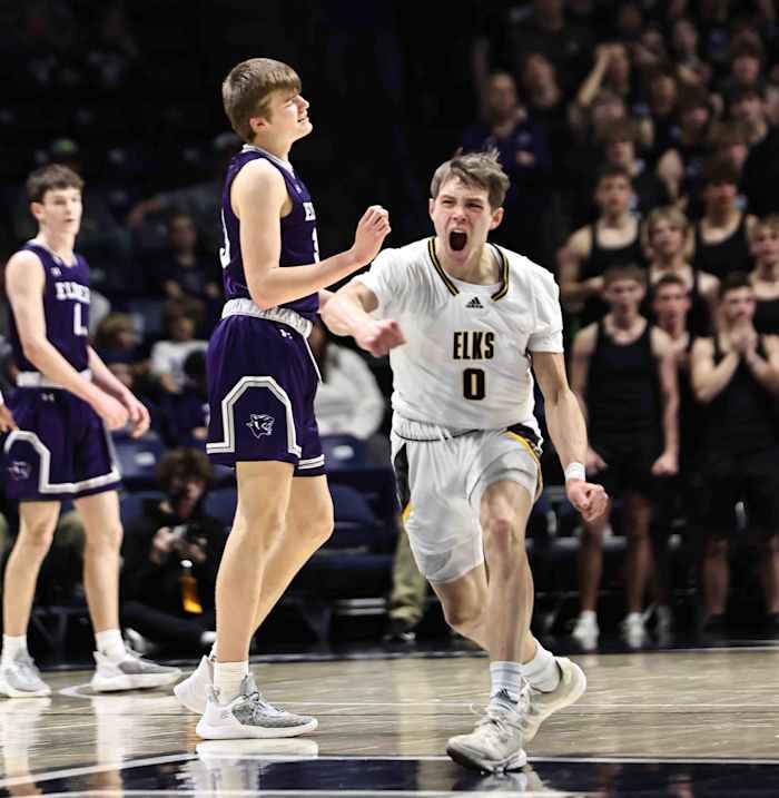 Centerville's Gabe Cupps reacts after hitting a 3-point shot during the Elks's 54-47 win over Elder Wednesday, March 8, 2023.
