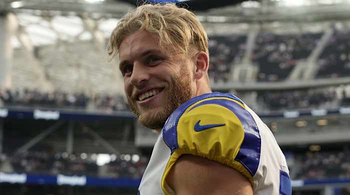 Rams wide receiver Cooper Kupp (10) reacts before the game against the Bills at SoFi Stadium.