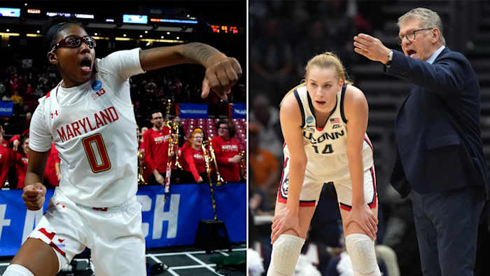 A split image of Maryland’s Shyanne Sellers celebrating, and UConn coach Geno Auriemma in the NCAA women’s tournament.