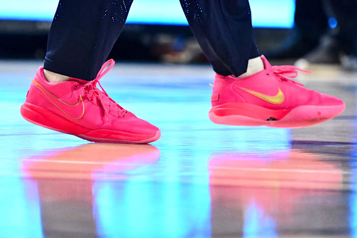 View of pink Nike LeBron shoes.