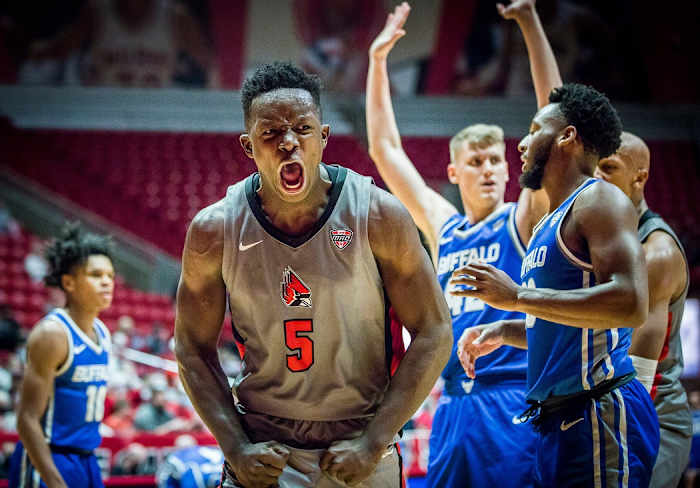 Ball State's Payton Sparks celebrates after scoring against Buffalo's defense during their game at Worthen Arena Friday, Jan. 14, 2022.