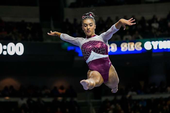 Alabama Crimson Tide gymnast Luisa Blanco competes on the balance beam during the SEC Gymnastics Championship at Gas South Arena.