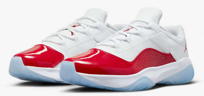 White and red Air Jordan sneakers.