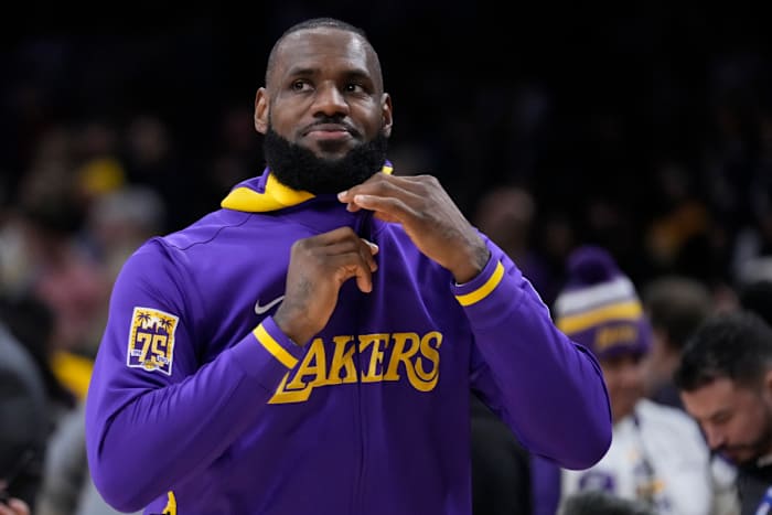 LeBron James warms up before an NBA basketball game against the Chicago Bulls