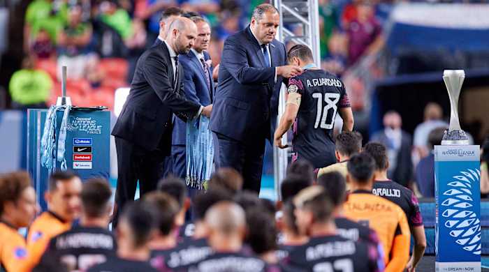 Mexico receiving second-place Nations League medals.
