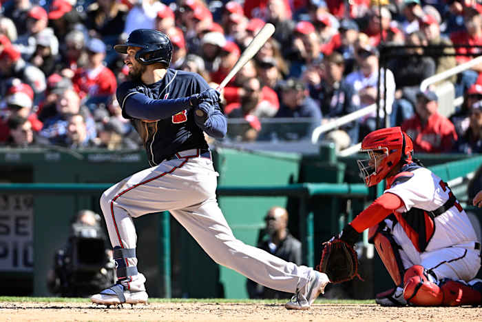 Mar 30, 2023; Washington, District of Columbia, USA; Atlanta Braves catcher Travis d'Arnaud (16) singles against the Washington Nationals during the sixth inning at Nationals Park.