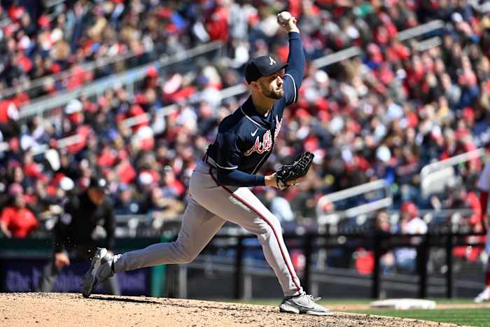 Mar 30, 2023; Washington, District of Columbia, USA; Atlanta Braves relief pitcher Lucas Luetge (63) throws to the Washington Nationals during the fifth inning at Nationals Park. Mandatory Credit: Brad Mills-USA TODAY Sports