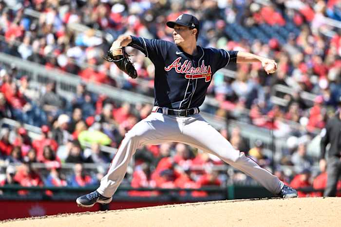 Mar 30, 2023; Washington, District of Columbia, USA; Atlanta Braves starting pitcher Max Fried (54) throws to the Washington Nationals during the second inning at Nationals Park. Mandatory Credit: Brad Mills-USA TODAY Sports