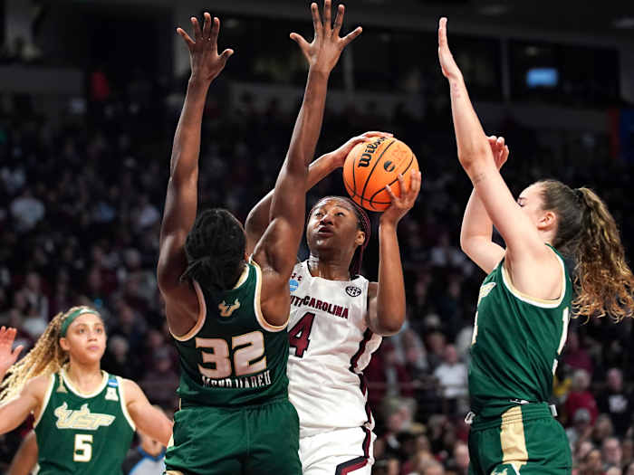 South Carolina forward Aliyah Boston shoots against South Florida forward Dulcy Fankam Mendjiadeu during the second round of the NCAA women’s tournament.