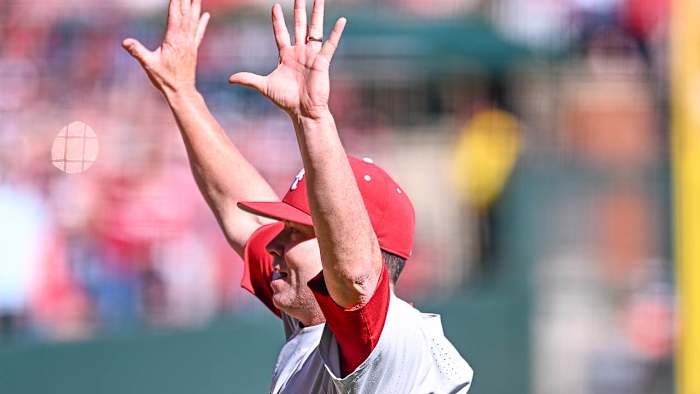 Alabama baseball coach Brad Bohannon argues a call at Arkansas - April 1, 2023