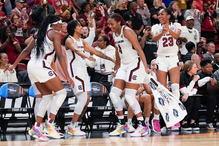 South Carolina Gamecocks bench celebrates during a game.