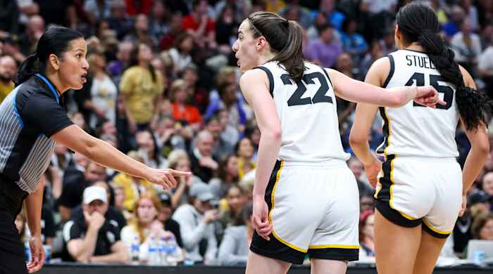 Iowa Hawkeyes guard Caitlin Clark reacts to an official in the national title game against LSU.