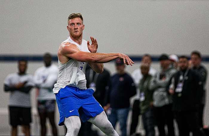 University of Kentucky senior quarterback Will Levis showed off his passing form while being watched by NFL scouts during a Pro Day workout at Nutter Field House in Lexington, Ky., on Friday, Mar. 24, 2023