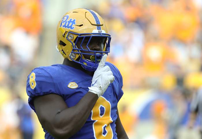 Sep 10, 2022; Pittsburgh, Pennsylvania, USA; Pittsburgh Panthers defensive lineman Calijah Kancey (8) reacts after recording a sack against the Tennessee Volunteers during the second quarter at Acrisure Stadium. Tennessee won 34-27 in overtime. Mandatory Credit: Charles LeClaire-USA TODAY Sports