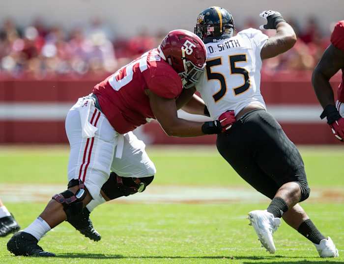 Alabama offensive lineman Emil Ekiyor, Jr., (55) blocks against Southern Miss defensive lineman Demarrio Smith (55) at Bryant-Denny Stadium in Tuscaloosa, Ala., on Saturday September 21, 2019. Ekiyor401