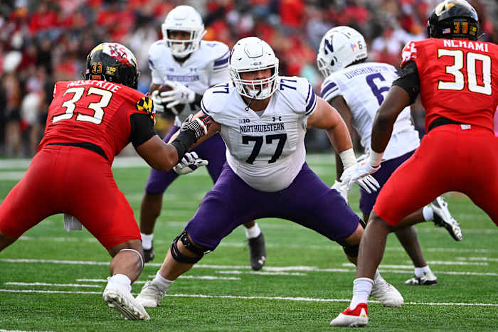 Northwestern tackle Peter Skoronski goes against Maryland