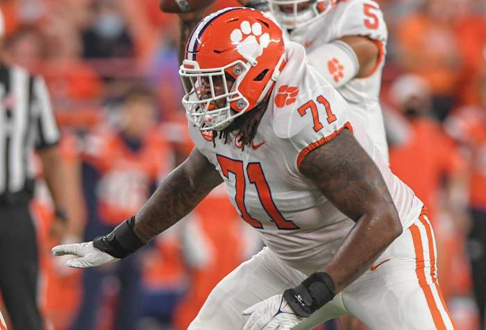 Clemson offensive lineman Jordan McFadden (71) blocks during the second quarter at the Carrier Dome in Syracuse, New York, Friday, October 15, 2021