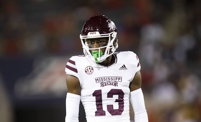 Sep 10, 2022; Tucson, Arizona, USA; Mississippi State Bulldogs cornerback Emmanuel Forbes (13) against the Arizona Wildcats at Arizona Stadium. Mandatory Credit: Mark J. Rebilas-USA TODAY Sports