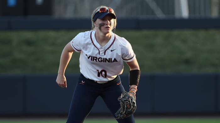 Jade Hylton plays second base during the Virginia softball game against Longwood at Palmer Park.