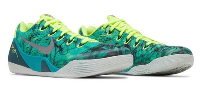 View of green and yellow Nike Kobe shoes.