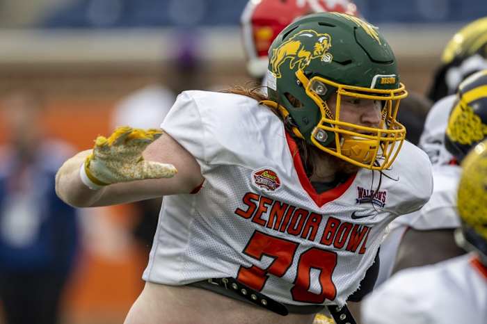 Feb 2, 2023; National offensive lineman Cody Mauch of North Dakota State (70) practices during Senior Bowl week. Mandatory Credit: Vasha Hunt-USA TODAY Sports