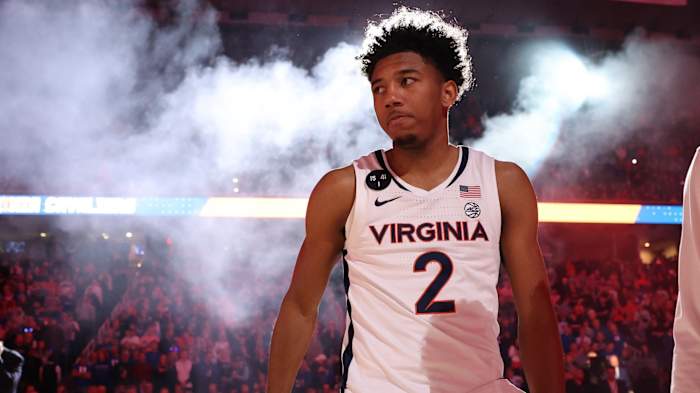 Reece Beekman gets introduced during the Virginia men's basketball game against Duke in the Championship Game of the ACC Men's Basketball Tournament at Greensboro Coliseum.