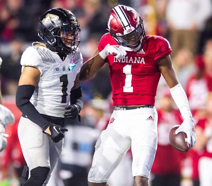 Indiana's Donaven McCulley (1) celebrates a first down during the second half of the Indiana versus Purdue football game at Memorial Stadium on Saturday, Nov. 26, 2022.