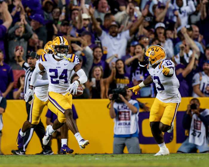 Nov 5, 2022; Baton Rouge, Louisiana, USA; LSU Tigers cornerback Jarrick Bernard-Converse (24) reacts after intercepting Alabama Crimson Tide quarterback Bryce Young (9) in the enedzone during the first half at Tiger Stadium. Mandatory Credit: Stephen Lew-USA TODAY Sports