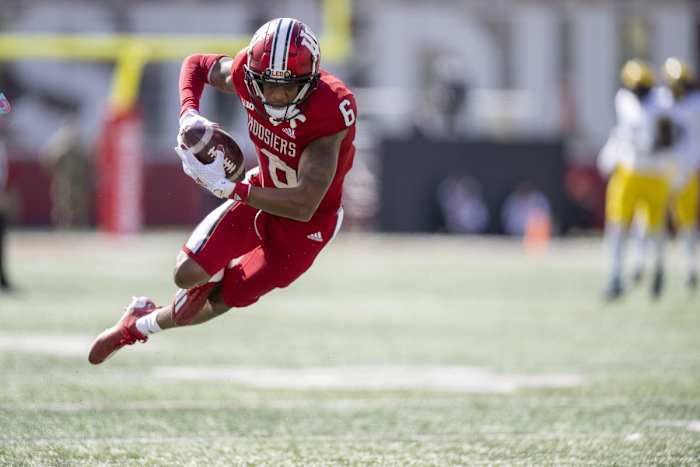 Oct 8, 2022; Bloomington, Indiana, USA; Indiana Hoosiers wide receiver Cam Camper (6) catches a long pass during the first quarter against the Michigan Wolverines at Memorial Stadium.