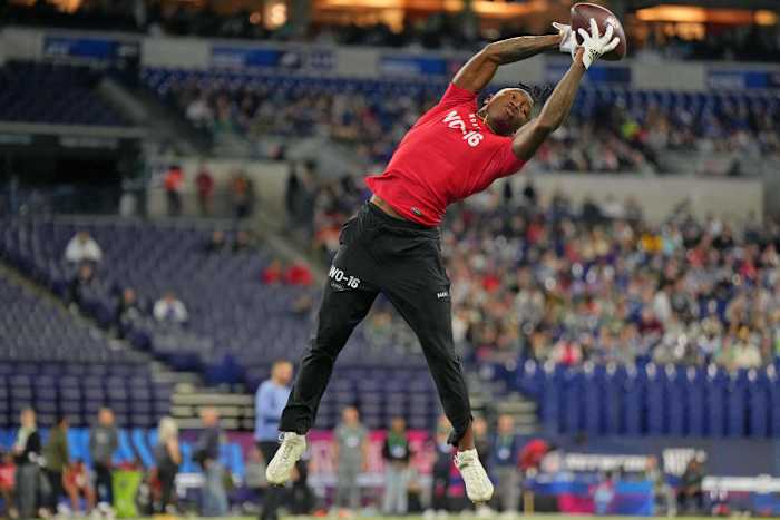 Mar 4, 2023; Indianapolis, IN, USA; Boston College wide receiver Zay Flowers (WO16) participates in drills at Lucas Oil Stadium.