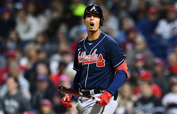 Sep 23, 2022; Philadelphia, Pennsylvania, USA; Atlanta Braves infielder Vaughn Grissom (18) reacts after striking out against the Philadelphia Phillies in the fourth inning at Citizens Bank Park.