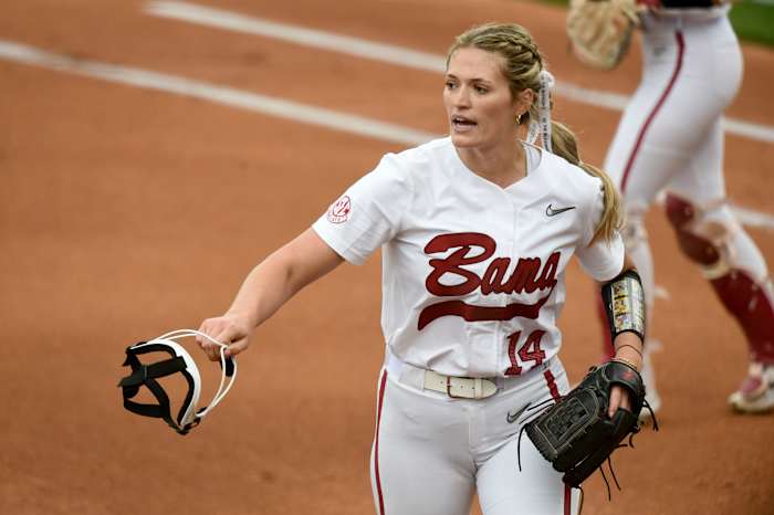 April 6, 2023; Tuscaloosa, AL, USA; Alabama pitcher Montana Fouts (14) leaves the field after completing an inning at Rhoads Stadium Thursday as the Crimson Tide opened a three game series against South Carolina.