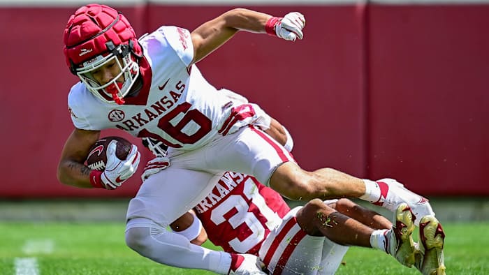 Razorbacks wide receiver Isaiah Sategna during last spring practice Saturday inside Razorback Stadium.