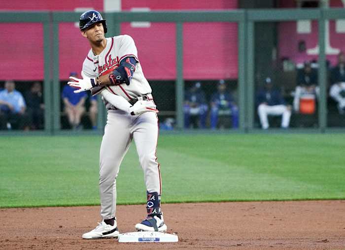 Apr 14, 2023; Kansas City, Missouri, USA; Atlanta Braves shortstop Vaughn Grissom (18) celebrates after hitting a double against the Kansas City Royals in the first inning at Kauffman Stadium.