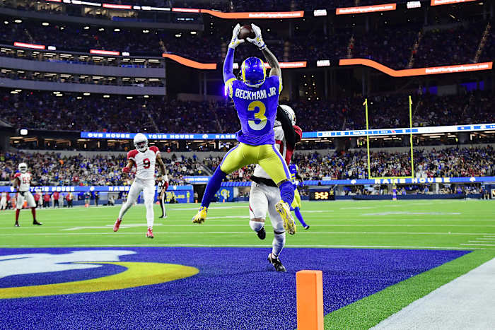 Odell Beckham Jr. catching a touchdown against the Arizona Cardinals in the playoffs.