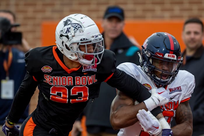 Feb 2, 2023; Mobile, AL, USA; American defensive back Julius Brents of Kansas State (23) defends against American wide receiver Jonathan Mingo of Ole Miss (18) practices during the third day of Senior Bowl week at Hancock Whitney Stadium in Mobile.