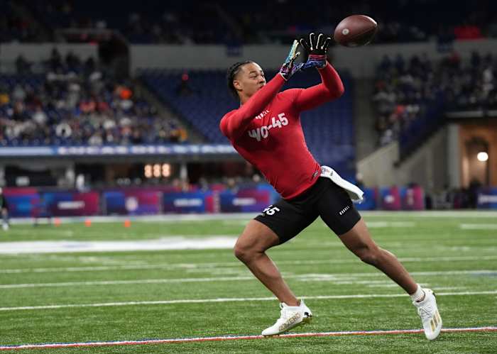 Mar 4, 2023; Indianapolis, IN, USA; Ohio State wide receiver Jaxon Smith Njigba (WO45) participates in drills at Lucas Oil Stadium.