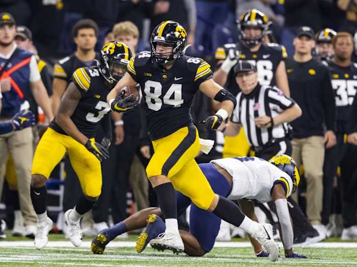Dec 4, 2021; Iowa Hawkeyes tight end Sam LaPorta (84) against the Michigan Wolverines in the Big Ten championship. Mandatory Credit: Mark J. Rebilas-USA TODAY