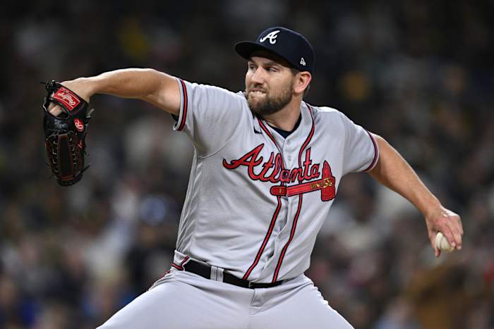 Apr 17, 2023; San Diego, California, USA; Atlanta Braves relief pitcher Dylan Lee (52) throws a pitch against the San Diego Padres during the sixth inning at Petco Park. Mandatory Credit: Orlando Ramirez-USA TODAY Sports