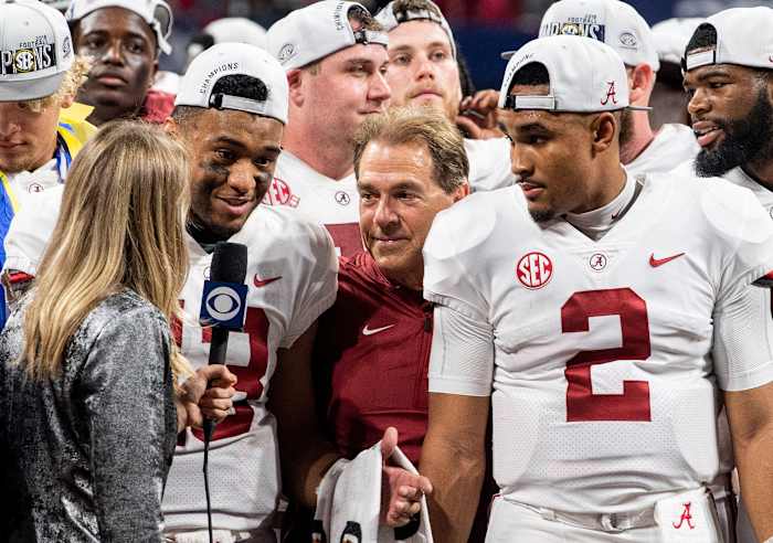 Alabama quarterback Tua Tagovailoa (13), head coach Nick Saban and quarterback Jalen Hurts (2) are interviewed after winning the SEC Championship Game at Mercedes Benz Stadium in Atlanta, Ga., on Saturday December 1, 2018.