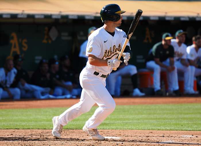 Oakland Athletics center fielder Cal Stevenson hits a double against the Seattle Mariners. (2022)