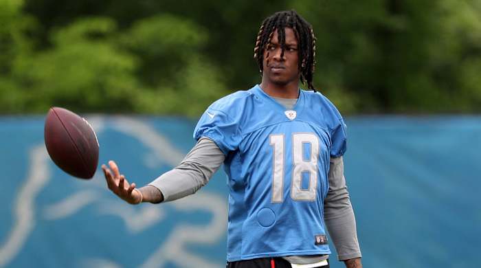 Jameson Williams in a practice jersey during OTAs