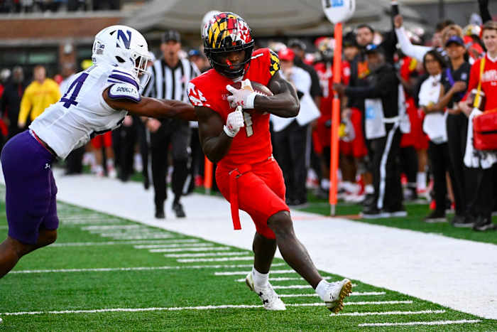 Oct 22, 2022; College Park, Maryland, USA; Maryland Terrapins wide receiver Rakim Jarrett (1) scores a touchdown against the Northwestern Wildcats during the second half at SECU Stadium.