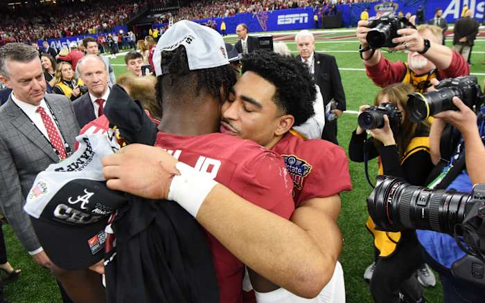 Alabama quarterback Bryce Young (9) hugs Alabama linebacker Will Anderson Jr. (31) after the 2022 Sugar Bowl at Caesars Superdome. Alabama defeated Kansas State, 45-20. Both players opted to play in the game, the last of their college careers.
