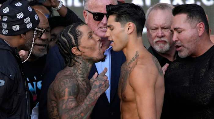 Gervonta Davis and Ryan Garcia exchange words at the weigh-in.